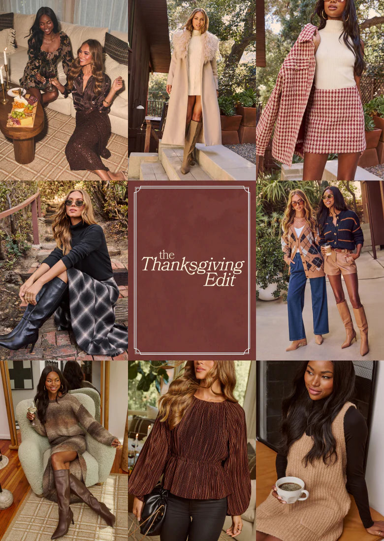 Collage of people in various outfits with a central 'Thanksgiving Edit' book.