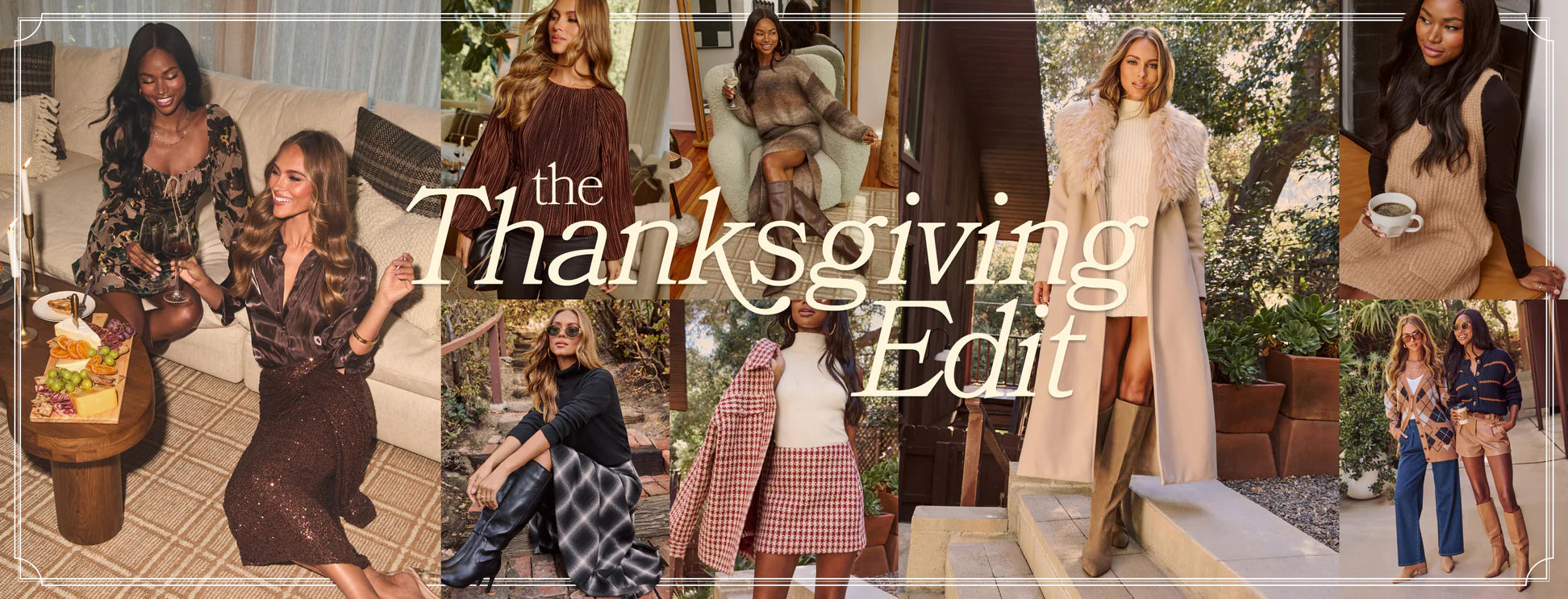 Collage of women in various outfits with 'Thanksgiving Edit' text overlay.