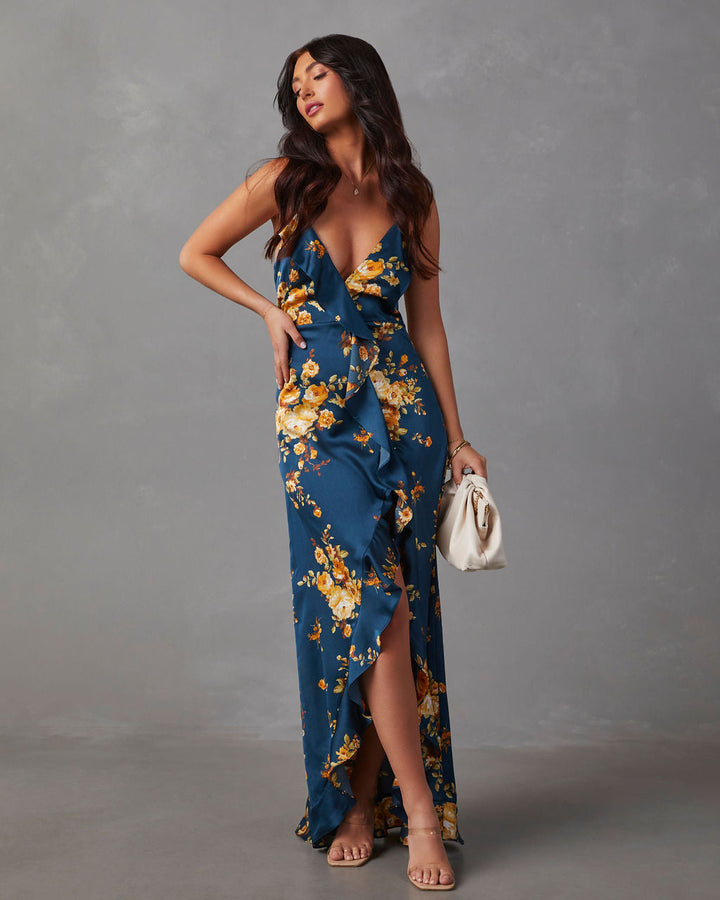 Capriccio Satin Floral Ruffle Maxi Dress Floral