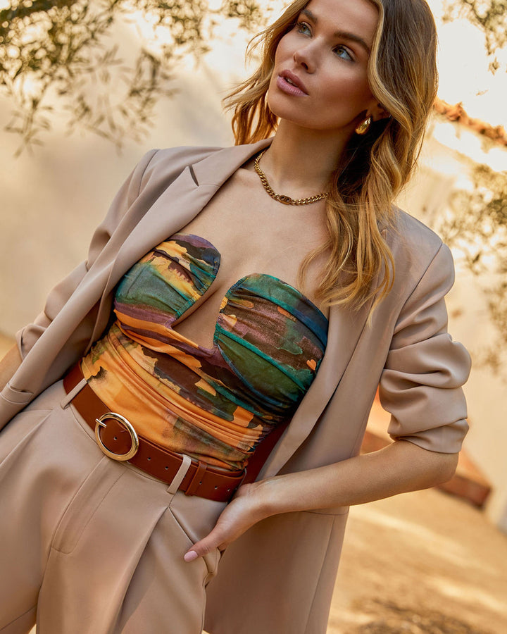 Jazlynn Printed Strapless Ruched Cutout Bodysuit Orange Multi