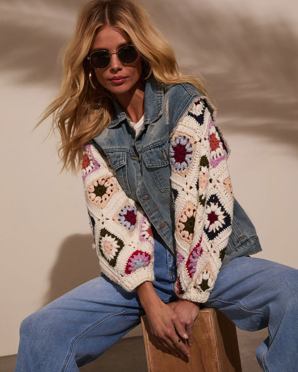 Alek Crochet Sleeve Denim Jacket Ivory