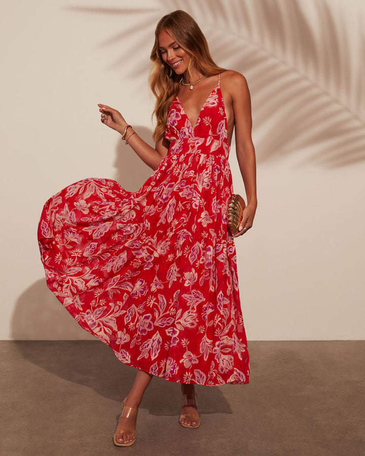 Lisette V-Neck Floral Print Tiered Maxi Dress Red Floral
