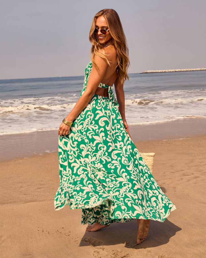 Beautiful Flowers Smocked Halter Maxi Dress