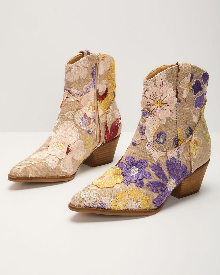 Sandrine Embroidered Floral Booties Taupe