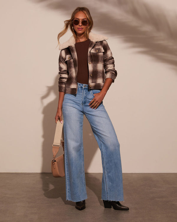 Warm Feels Fur Collar Plaid Jacket Brown Ivory