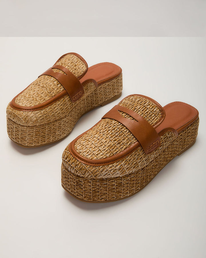Zariah Straw Platform Loafers Cognac