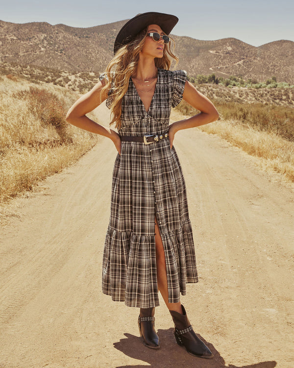 Lindah Smocked Plaid Maxi Dress Black Plaid
