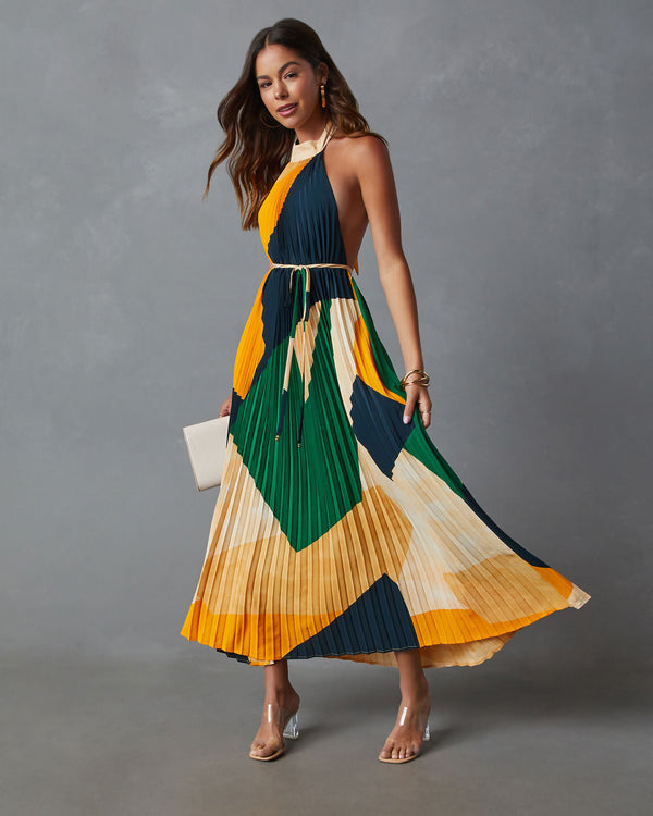 Cheyenne Abstract Pleated Halter Midi Dress Desert Multi