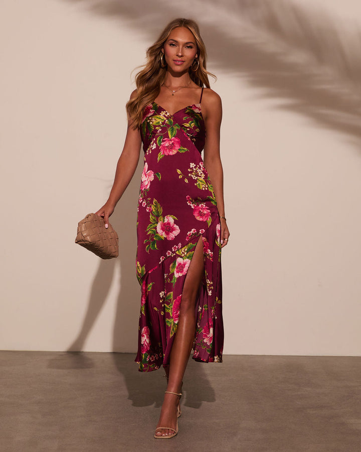 Just Go With It Satin Slit Midi Dress Burgundy