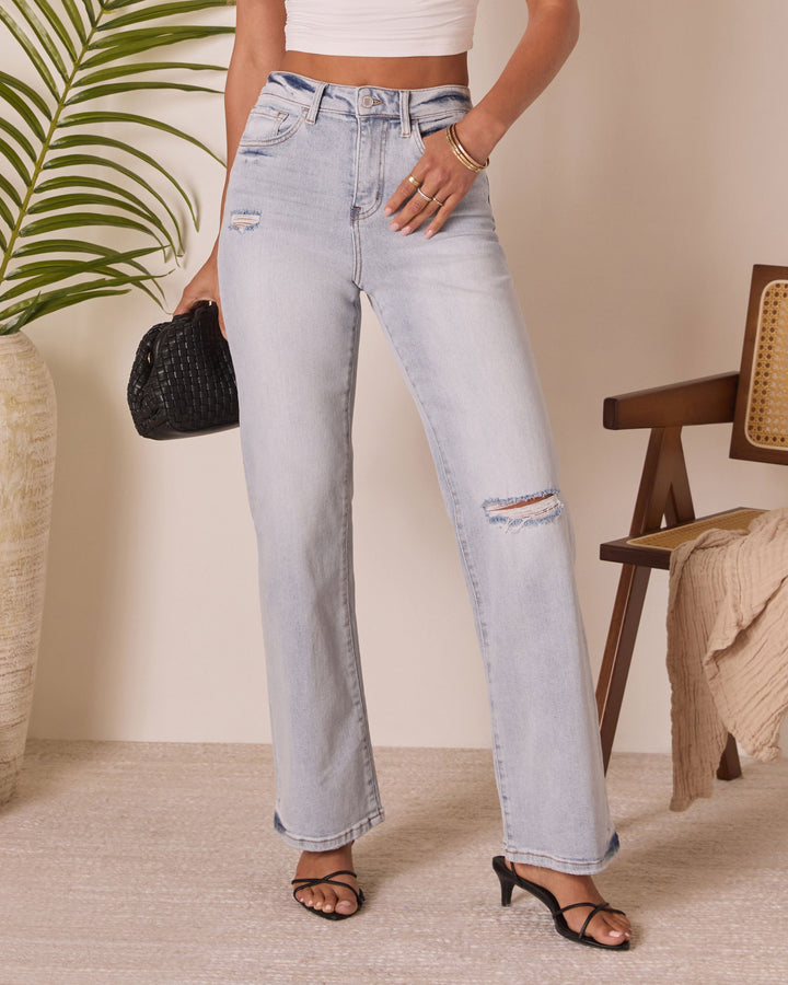 Crystal Super Stretch Distressed Relaxed Denim Light Wash
