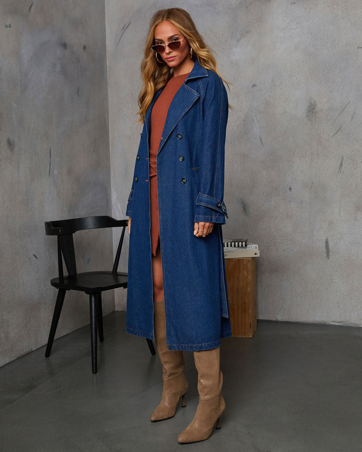 Spiced Pear Belted Denim Trench Coat