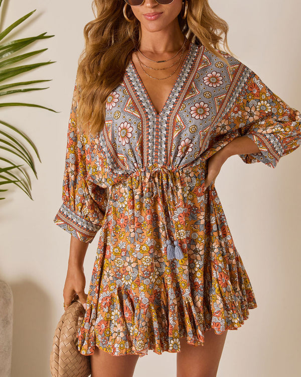 Sun Loves Caftan Mini Dress Rust Print