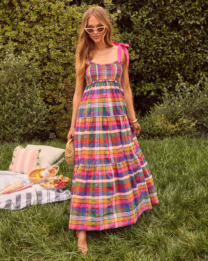 Izie Plaid Tiered Maxi Dress Multi