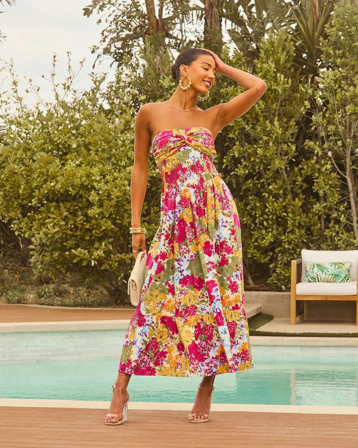 Lynelle Strapless Floral Smocked Midi Dress Pink Multi