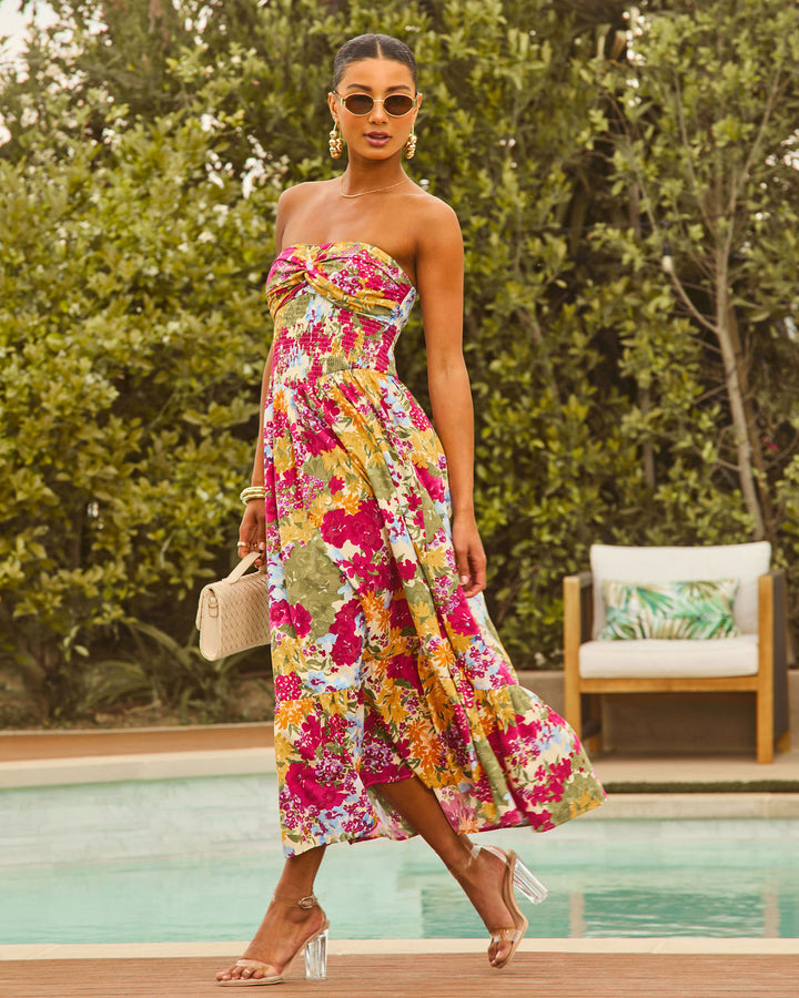 Lynelle Strapless Floral Smocked Midi Dress