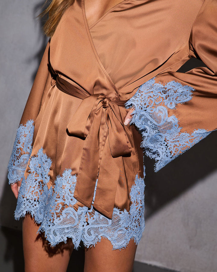 Soft Ember Wrap Lace Mini Dress