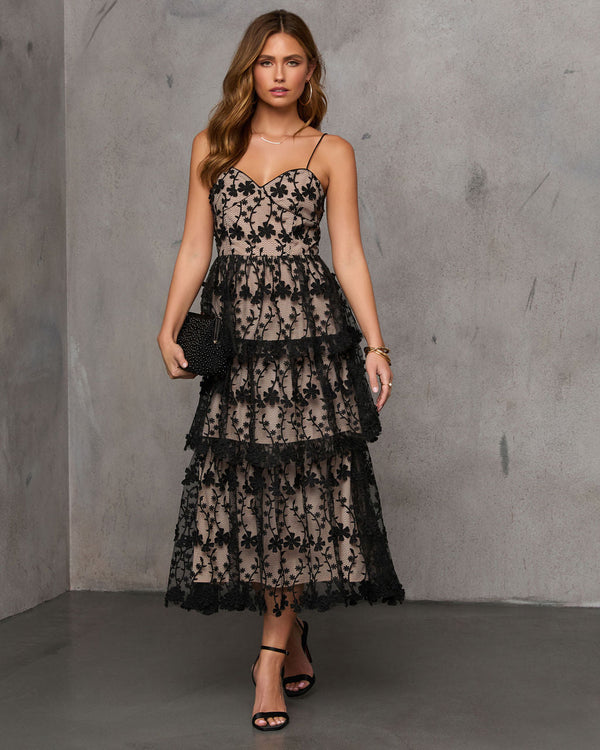 Enchanted Night Tiered Embroidered Midi Dress Black