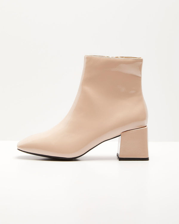 Kelce Patent Faux Leather Ankle Booties Beige