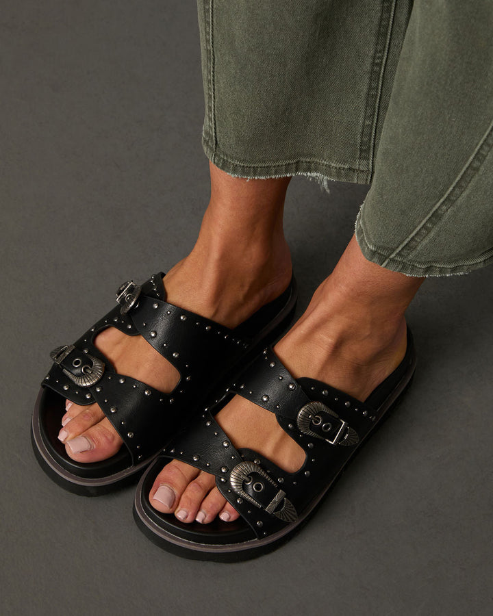 Hadyn Western Studded Buckle Sandal Black