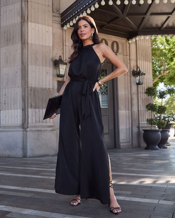 Sweet Spell Halter Waist Tie Jumpsuit Black