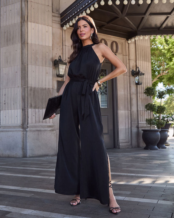 Sweet Spell Halter Waist Tie Jumpsuit Black