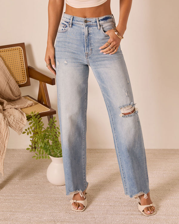 Lohan Super Stretch High Rise Distressed Relaxed Denim Light Wash