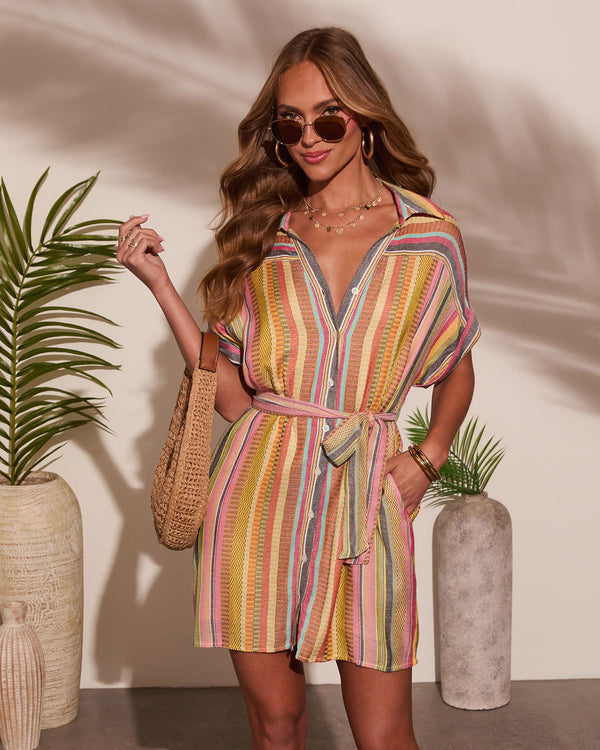 Sunshade Waist Tie Mini Shirt Dress Yellow Multi