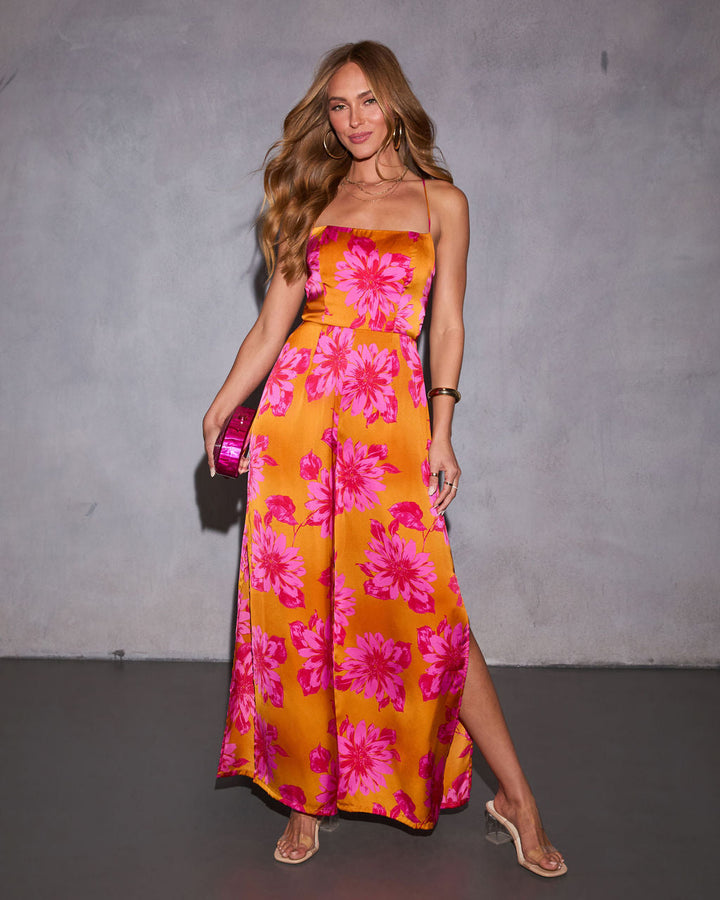 Ever Bloom Satin Floral Jumpsuit Orange Pink