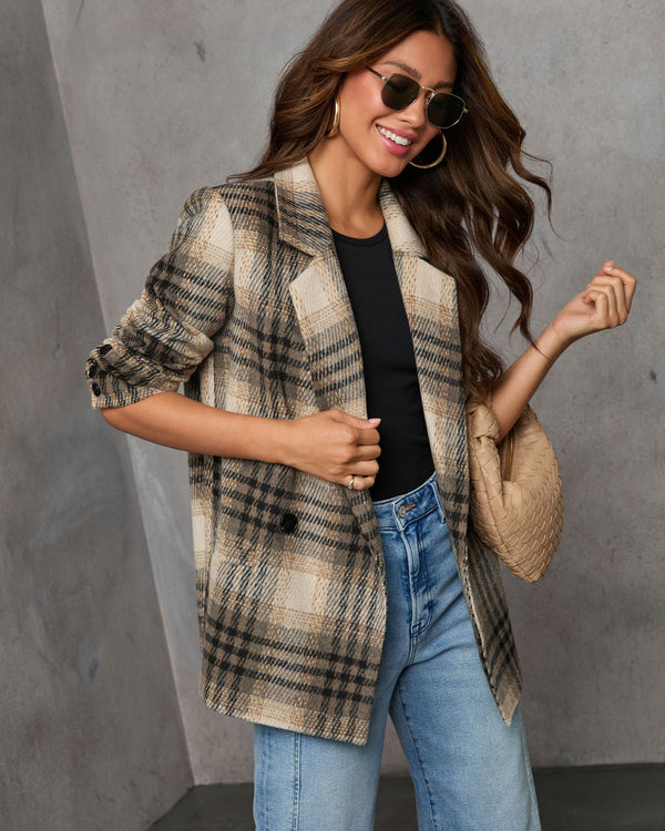 Stay Close Plaid Oversized Blazer Brown Multi