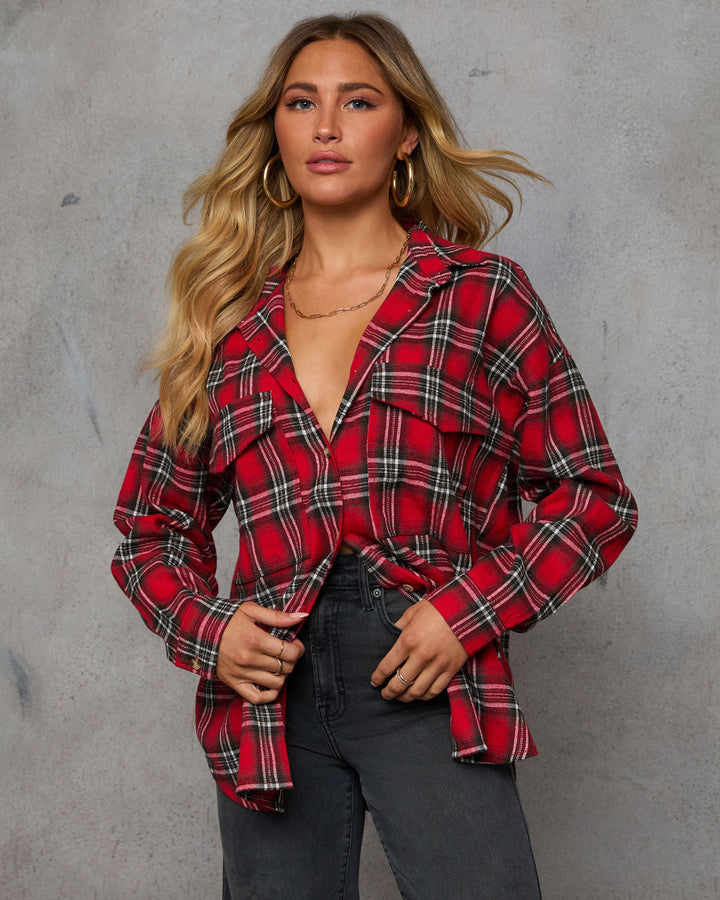 Petaluma Cotton Blend Plaid Button Down Top Red