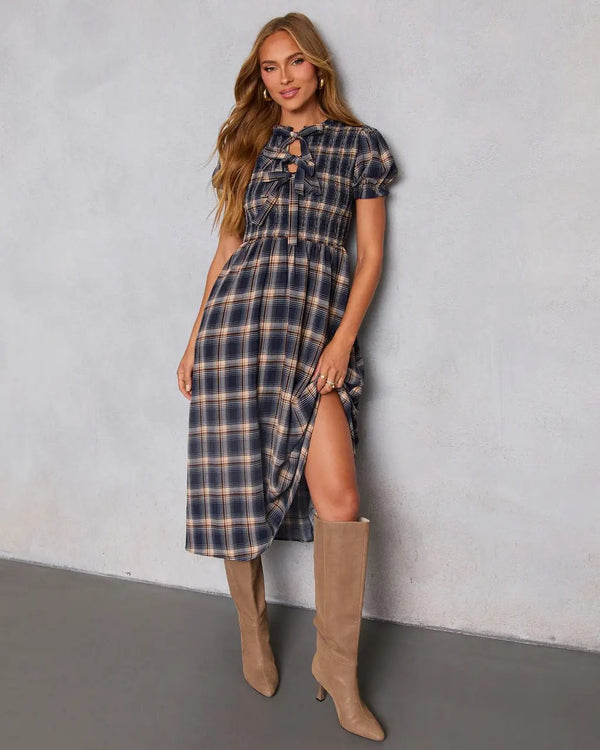 Charlisa Plaid Puff Sleeve Midi Dress Navy Plaid