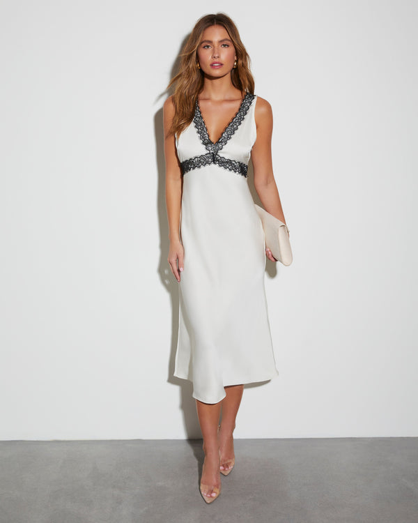Dentelle Satin V-Neck Slip Midi Dress