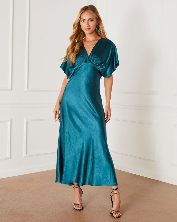 Theia Satin V-Neck Maxi Dress Green