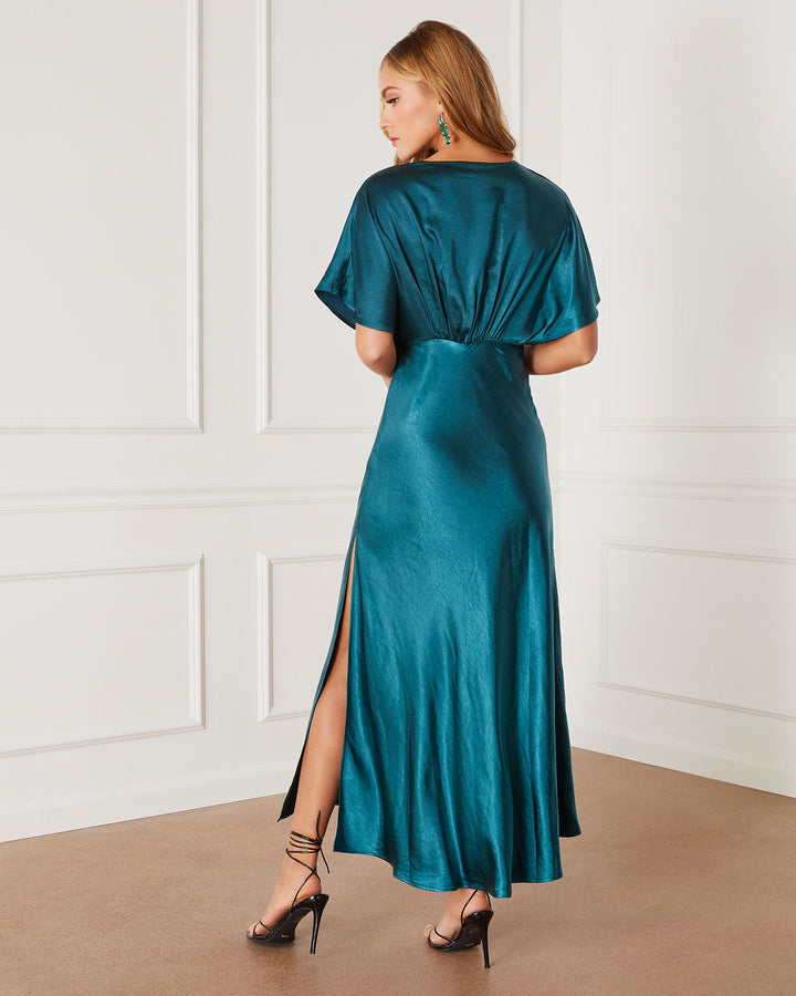 Theia Satin V-Neck Maxi Dress