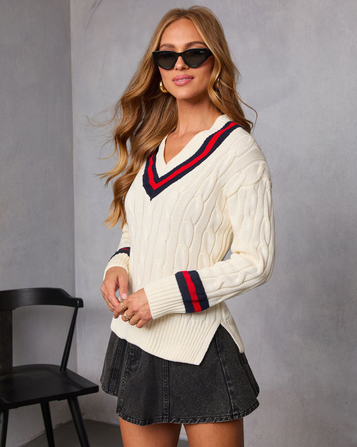 Moonlit Varsity Cable Knit Sweater