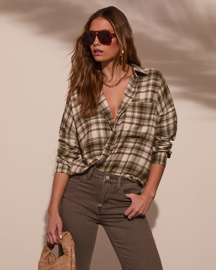 Silvie Plaid Button Down Top Olive Multi