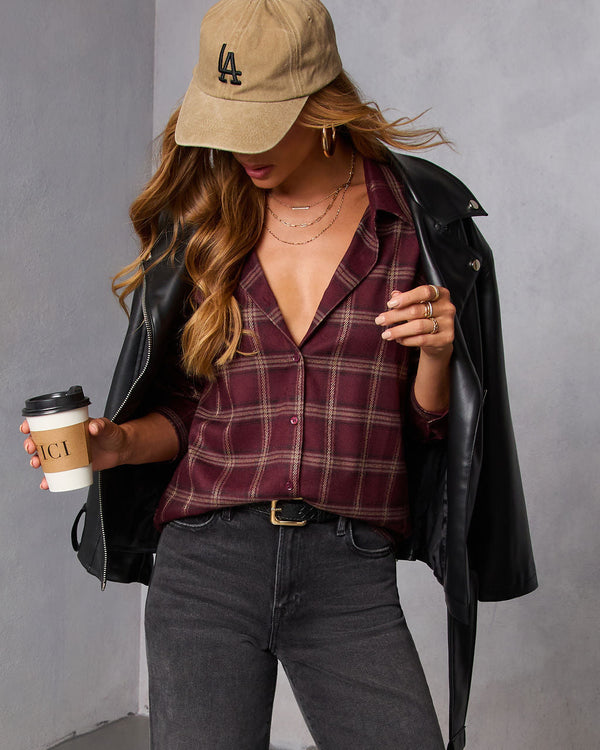 Muted Ember Plaid Button Down Top Wine
