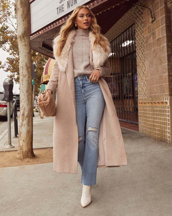 Frederica Pocketed Faux Fur Collar Coat Beige