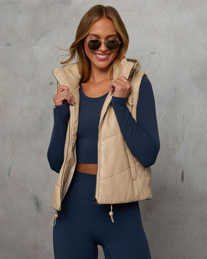 Shelton Pocketed Hooded Faux Leather Puffer Vest