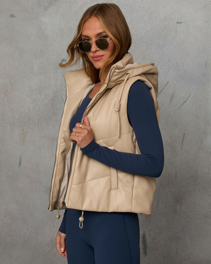 Shelton Pocketed Hooded Faux Leather Puffer Vest