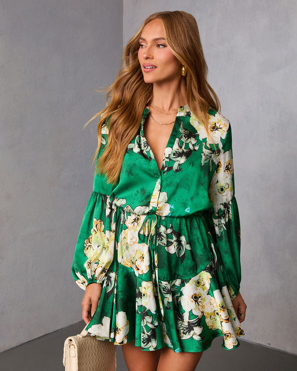 Antique Rose Drawstring Mini Dress Emerald Floral