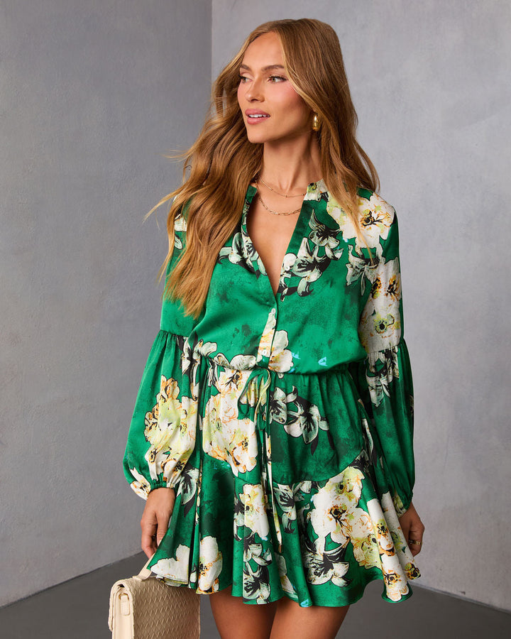 Antique Rose Drawstring Mini Dress Emerald Floral