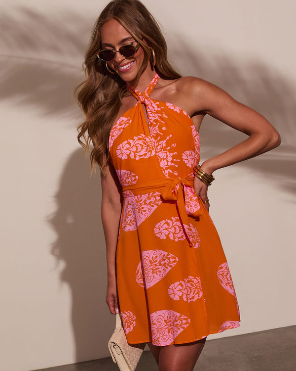 Cierra Wrap Halter Mini Dress Tangerine Pink