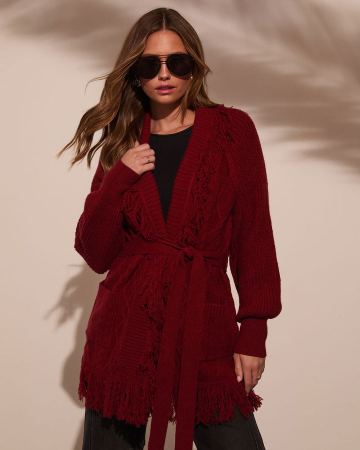 Hideaway With Me Fringe Waist Tie Cardigan CRIMSON