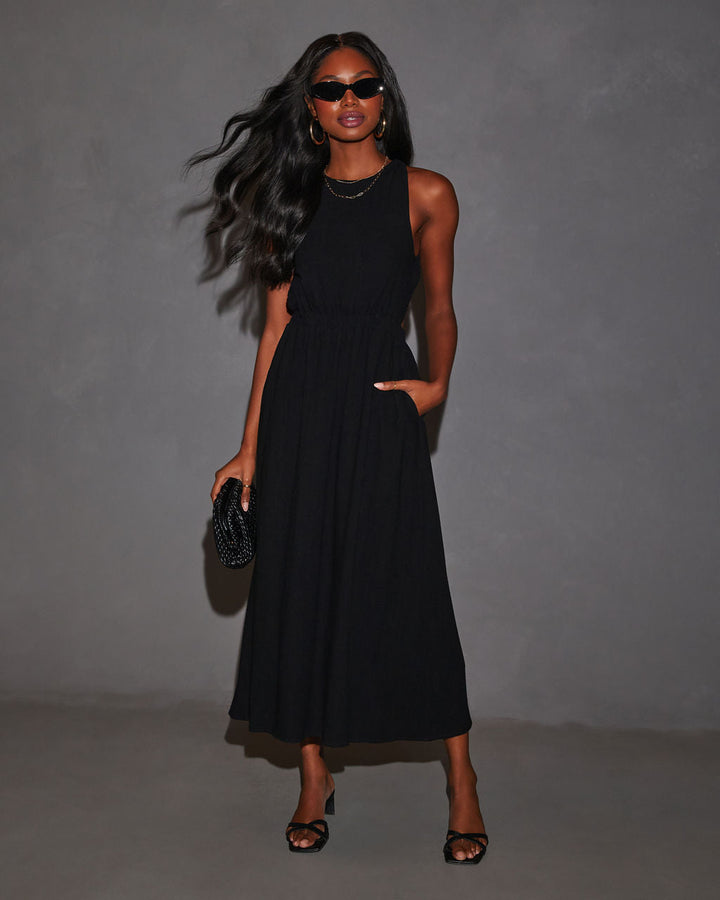 Alma Criss-Cross Open Back Linen Midi Dress Black