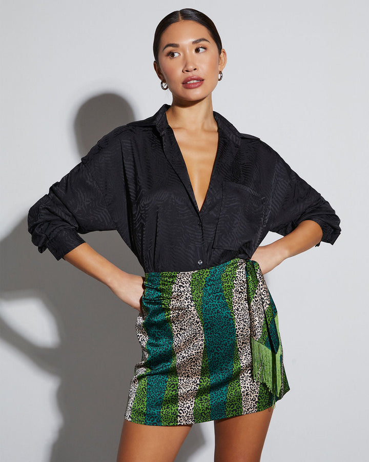 Sherlyn Satin Embossed Button Down Top Black