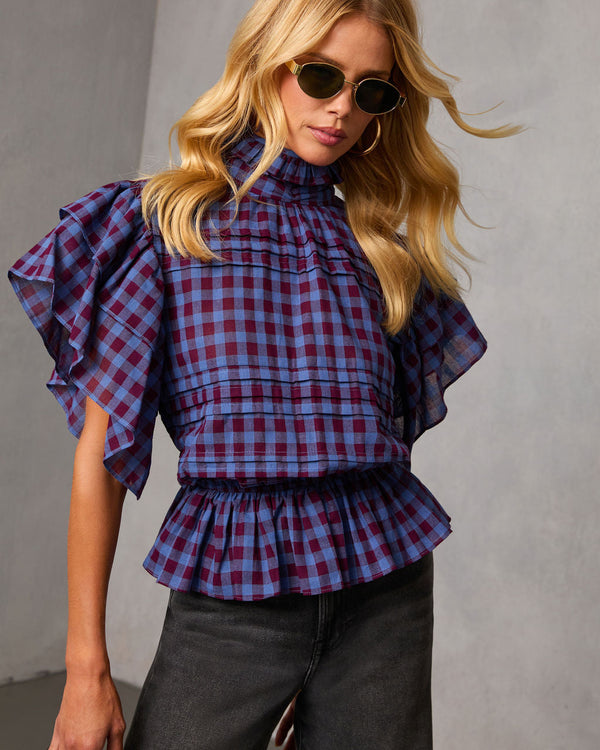 Nomad Cowgirl Plaid Mock Neck Top Blue
