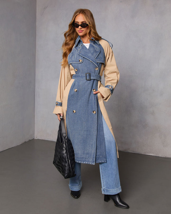 Fallen Oak Color Block Denim Trench Coat Denim Multi