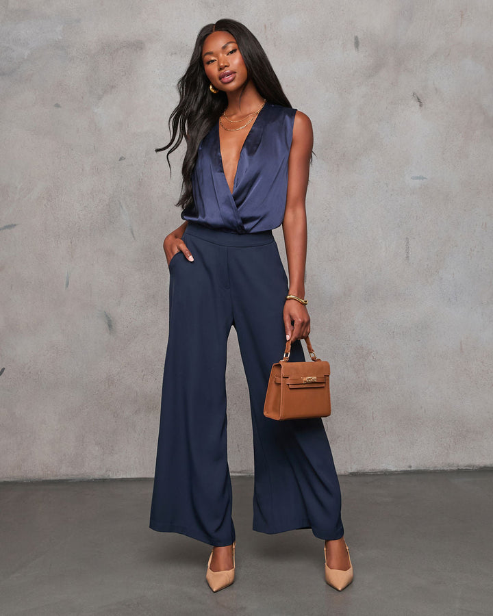 Phoenix Surplice Satin Sleeveless Bodysuit Midnight Blue