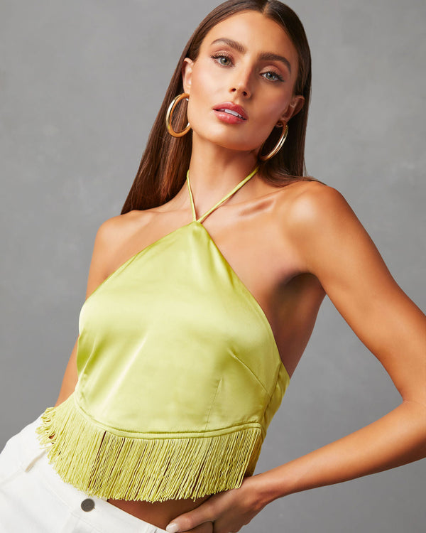 Viva La Vida Satin Fringe Hem Halter Top Lime